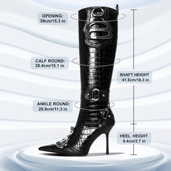 Women's Cool Black Pointed Toe Slim Calf Sexy Stiletto High Heel Long Tall Boots - Picture 4 of 7